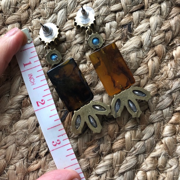 Brown & gold tone statement earrings w/blue accent - Picture 4 of 4